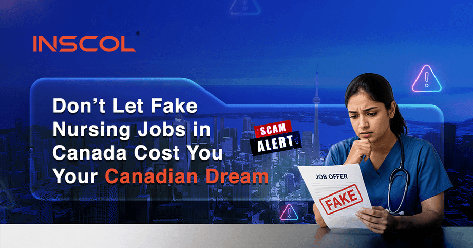 INSCOL banner warning nurses about fake nursing job offers in Canada, featuring a concerned nurse holding a job offer marked “FAKE” and a “Scam Alert” message.