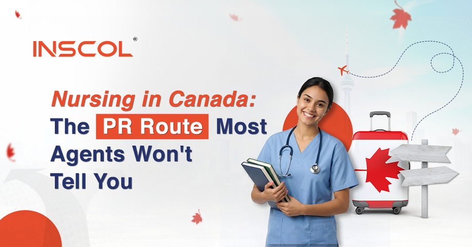 INSCOL banner promoting nursing in Canada and the permanent residency (PR) pathway for internationally educated nurses, featuring a nurse in blue scrubs, Canadian flag imagery, and travel-themed graphics.